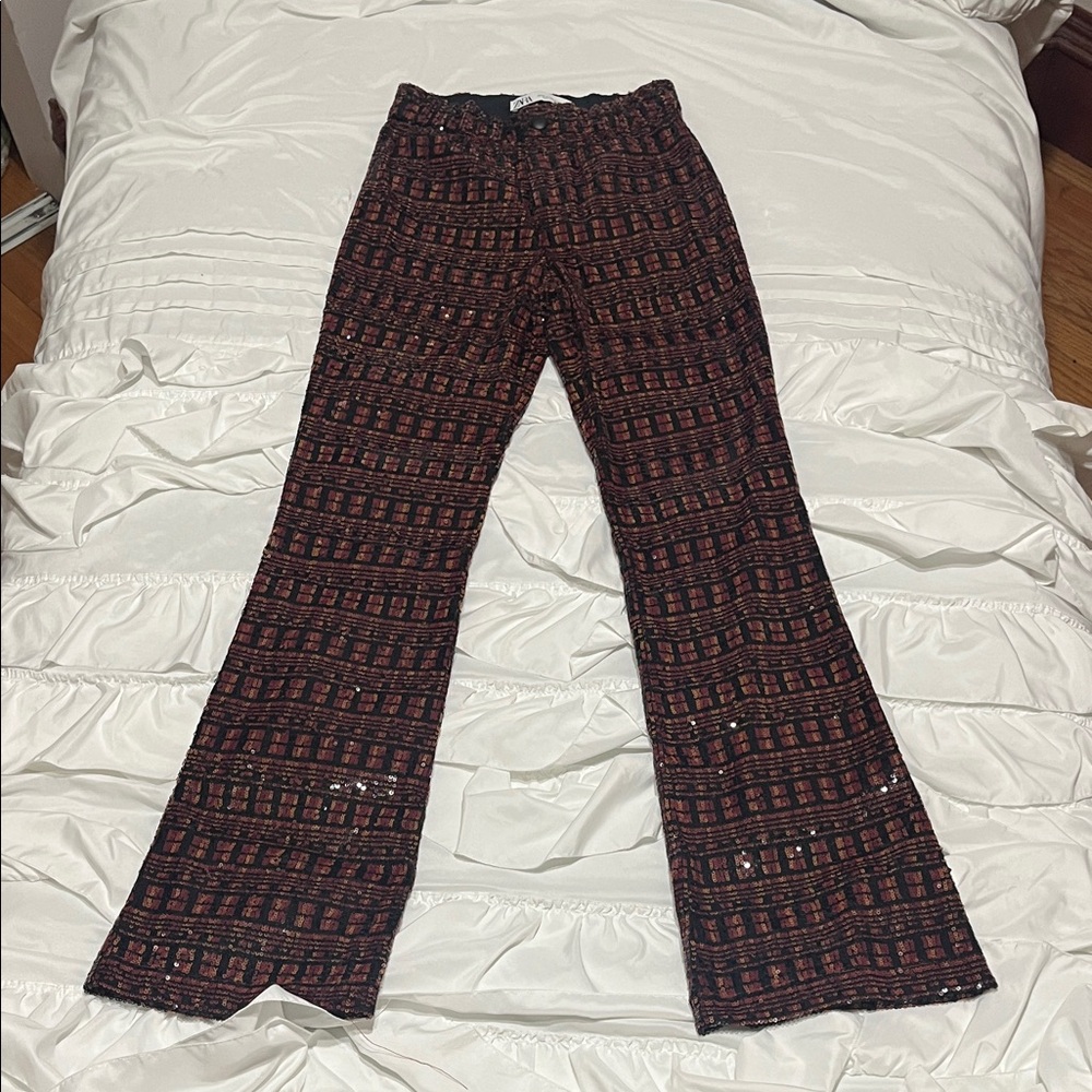 Sequin Plaid Flare Pants